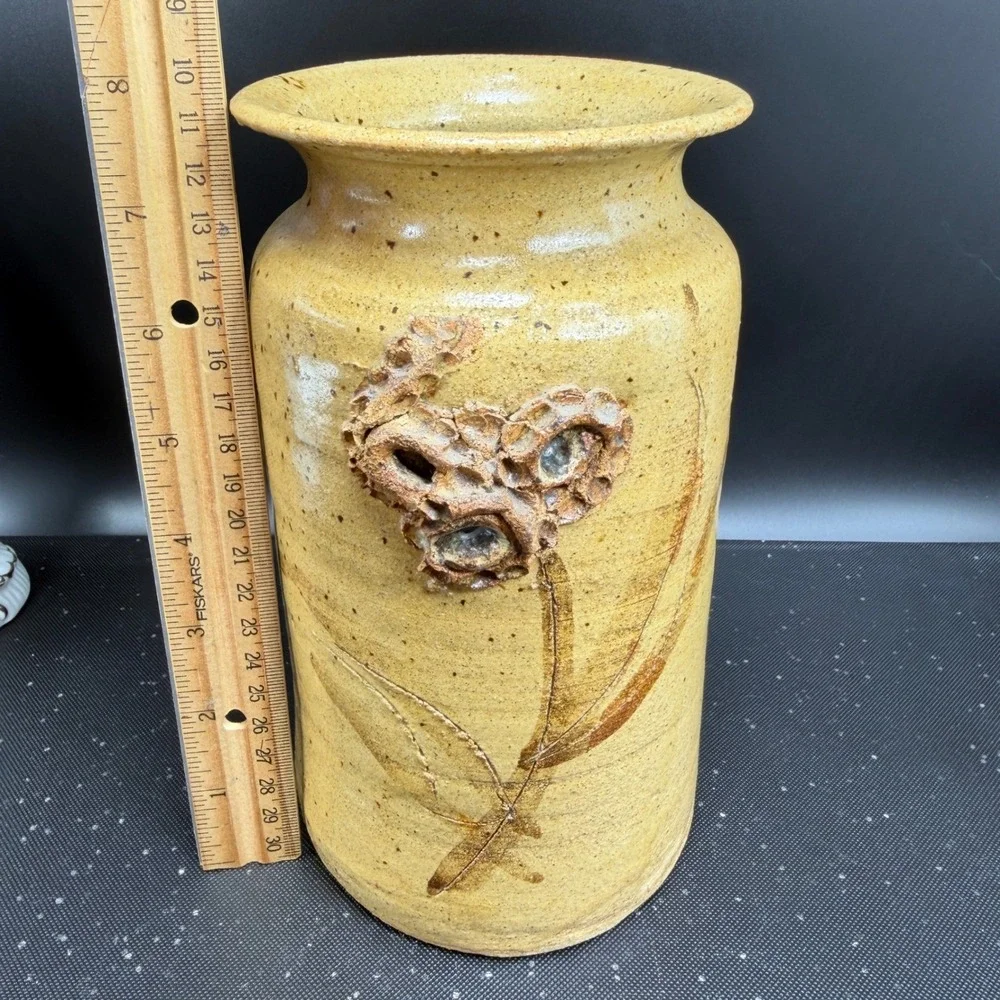 Vintage 1974 Marge Signed Studio Pottery‎ Vase Brutalist 3D Floral Yellow 8 Inch